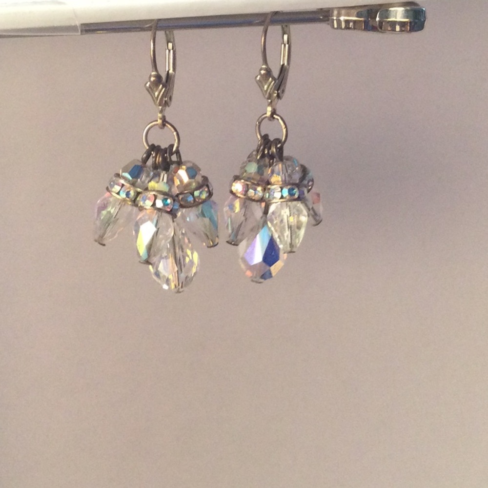 Crystal Cluster Drop Sterling Silver Earrings - Iridescent